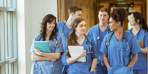 Medical students in hallway