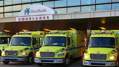 Emergency responder vehicles parked in front of MetroHealth location